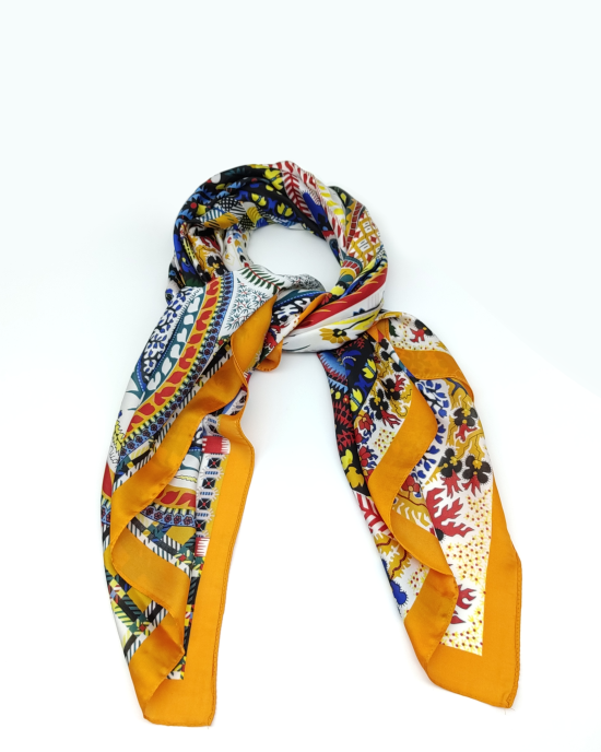 Yellow-edged imitation silk printed plaid square scarf